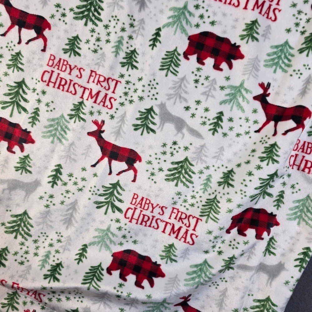 Babys First Christmas Throw Blanket White Red Buffalo Plaid Bear Deer 30x40